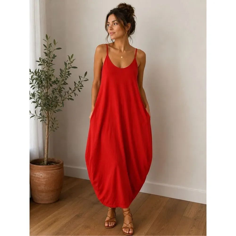 Shein Red Balloon Maxi Dress Adjustable Straps Sleeveless Stretch Size 4